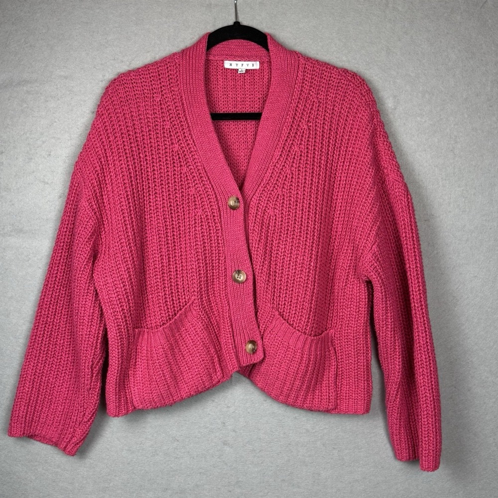 Hyfve Pink Knit Crop Cardigan Sweater Women's Size L Barbiecore‎ Preppy